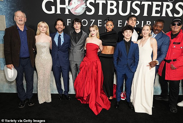 Murray and Rudd were due to join some of their colleagues for a group photo;  Murray is seen at left with Emily Alyn Lind, Rudd, Finn Wolfhard, Mckenna Grace, Celeste O'Connor, Logan Kim, Gil Kenan, Carrie Coon, Ernie Hudson and Dan Aykroyd