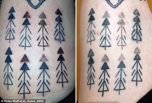 Using four different tattoo techniques, they replicated Ötzi's tattoos on Danny Riday's leg.  allowed them to cure and then compared them to the old originals.  Pictured: Tattoos on Riday's leg on the day they were made (left) and six months later (right)