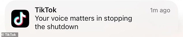 TikTok sent this notice to users Tuesday morning, asking them to contact their lawmakers to let them know if they support the TikTok bill