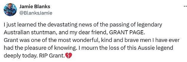 Director Jamie Blanks posted on X: 'Just heard the devastating news of the passing of the legendary Australian stuntman and my dear friend'