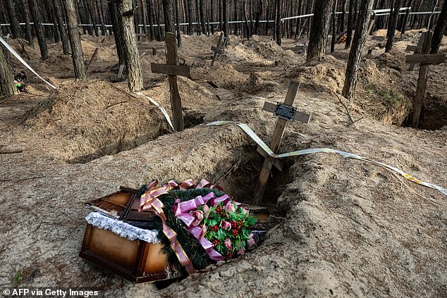 (FILES) This photo shows an empty coffin after the exhumation of bodies in the mass graves dug during the Russian occupation in the city of Izium, eastern Ukraine on January 2, 2023