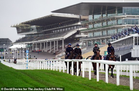 Horses galloping on day four of the 2024 Cheltenham Festival at Cheltenham Racecourse.  Date of photo: Friday, March 15, 2024. PA Photo.  See PA story RACING Cheltenham.  Photo credit should read: David Davies for The Jockey Club/PA Wire.  RESTRICTIONS: Editorial use only, commercial use subject to prior permission from The Jockey Club/Cheltenham Racecourse.