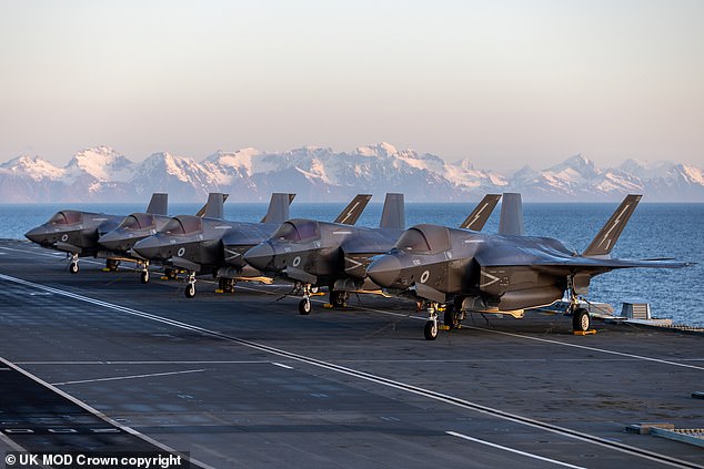 F-35 B Lightning jets from 617 Squadron positioned in the cockpit of HMS Prince of Wales at sunrise during exercise NORDIC RESPONSE 24 (File)