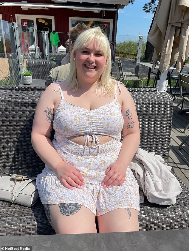 The law student from Southampton said she would 'comfort on food', indulging in two takeaways a week and 'share-size' chocolate bars (pictured as a size 16-18 before her weight loss)