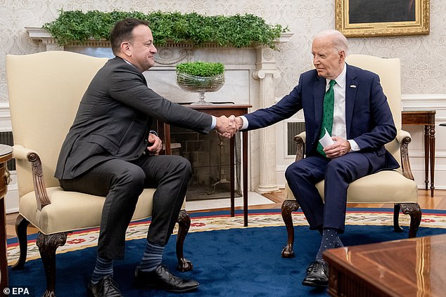 US President Joe Biden shakes hands with Irish Prime Minister Leo Varadkar during their meeting in the Oval Office on Friday morning