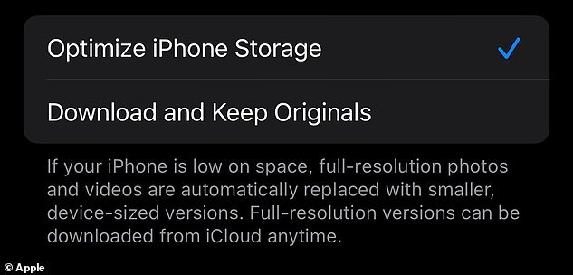 Then check the 'Optimize iPhone Storage' option.  This stores high-resolution versions of your photos in iCloud and smaller versions on your phone, freeing up storage space.