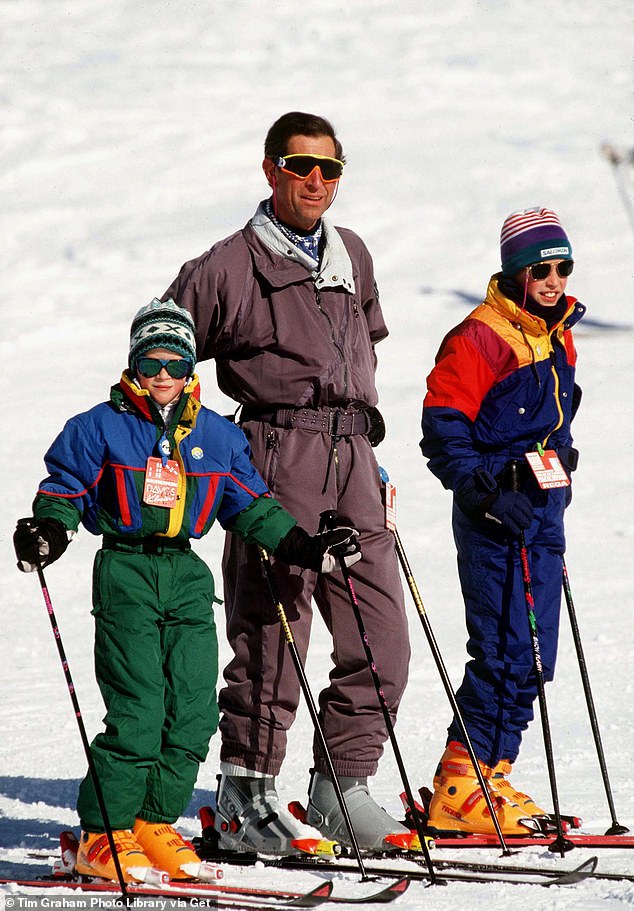 Harry and William were also taken skiing as young boys by their father, then Prince Charles