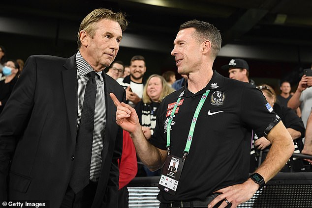 Browne (left) told the Magpies players about his diagnosis in line with the open and shared culture created by coach Craig McRae (right)