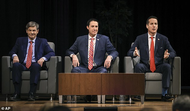 Moreno (right) with Frank LaRose (center) and Matt Dolan (left) at a forum on February 19