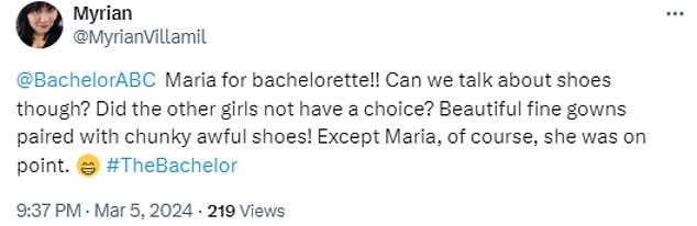 Many viewers wanted Maria to be the next Bachelorette and praised her designer outfits throughout the series