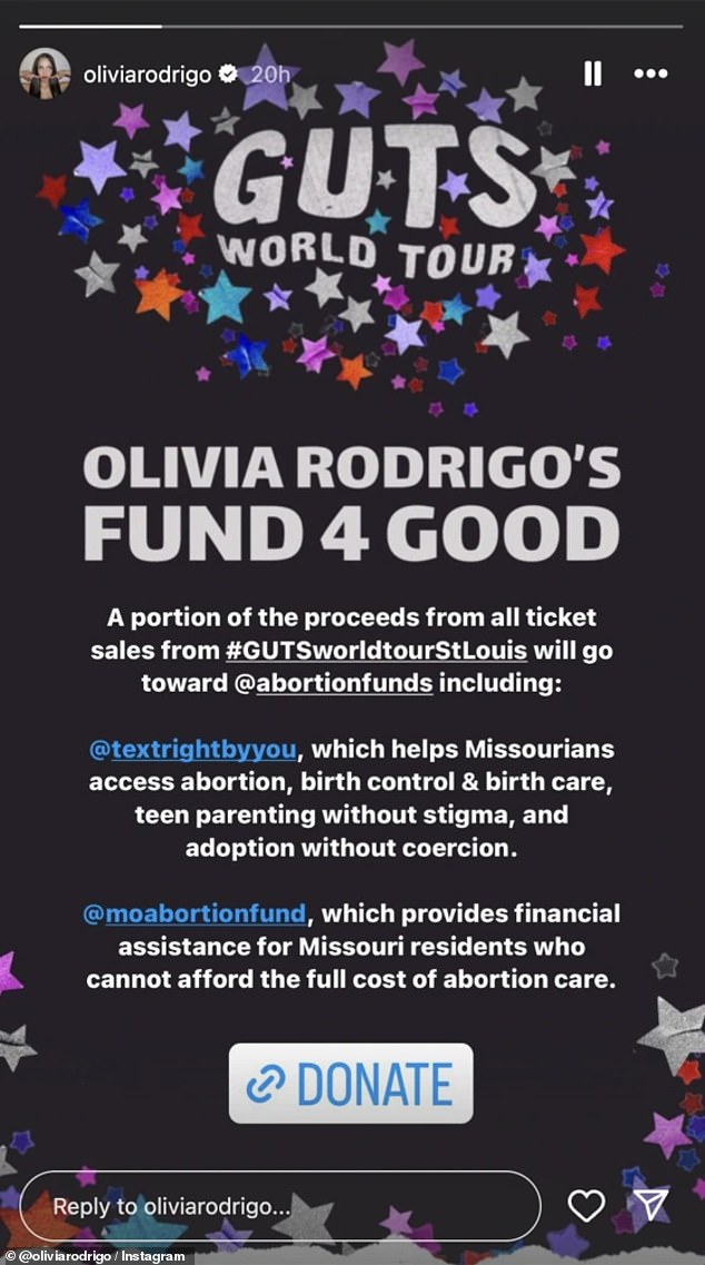 The singer also posted an Instagram Story with a link to donate to both the Text Right By You and Missouri Abortion Fund organizations.