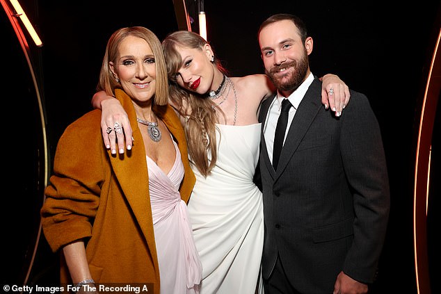 Last February, the singer made a surprise appearance at the 66th Annual Grammy Awards to present Album of the Year to Taylor Swift;  seen with Swift and son Rene-Charles at the Grammy Awards in LA