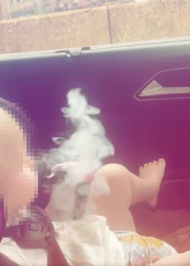 The smoke the toddler exhaled was so strong that it caused another older child in the car to cough