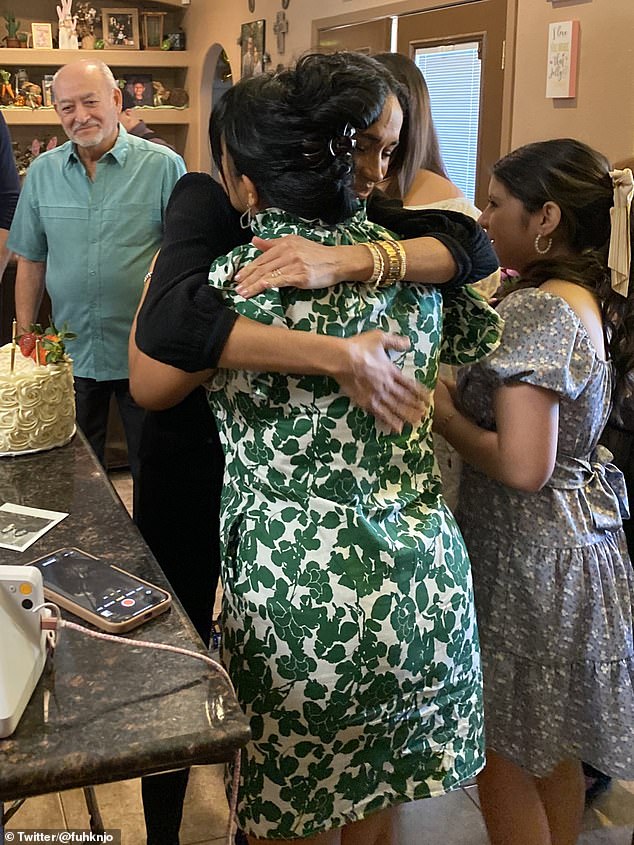 The photos, shared by hero teacher Irma Garcia's nephew, show Meghan, 42, warmly embracing the late teacher's sister as she marks her birthday