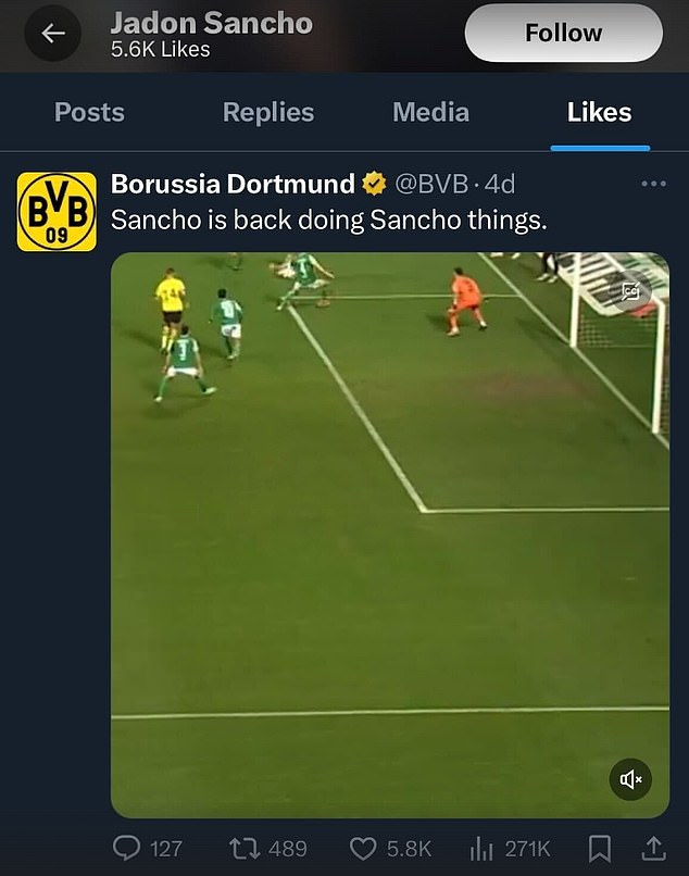 Dortmund shared a message on X, formerly Twitter, saying Sancho is 'doing Sancho things again'