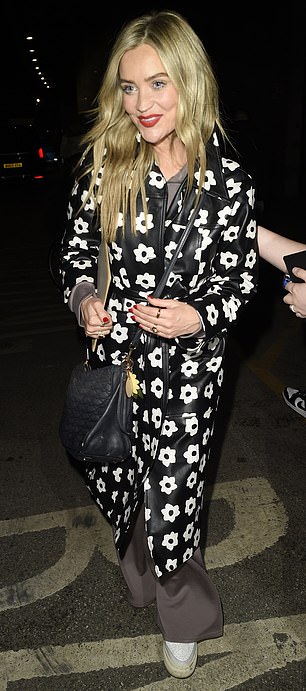 Meanwhile, Laura Whitmore, 38, opted for a bold but socially acceptable black and white floral print that evening