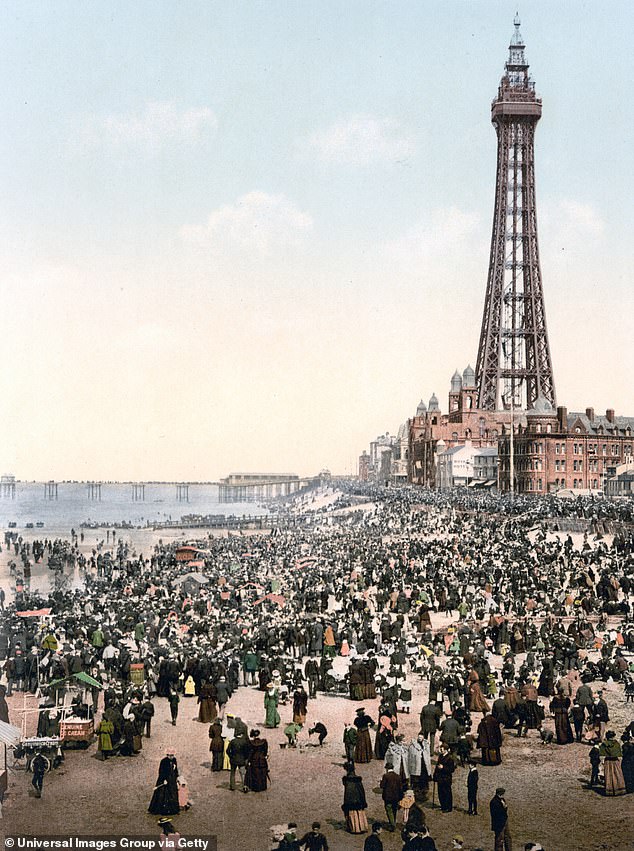 The resort has been a popular destination for decades.  Pictured: Blackpool Tower and the beach in 1890