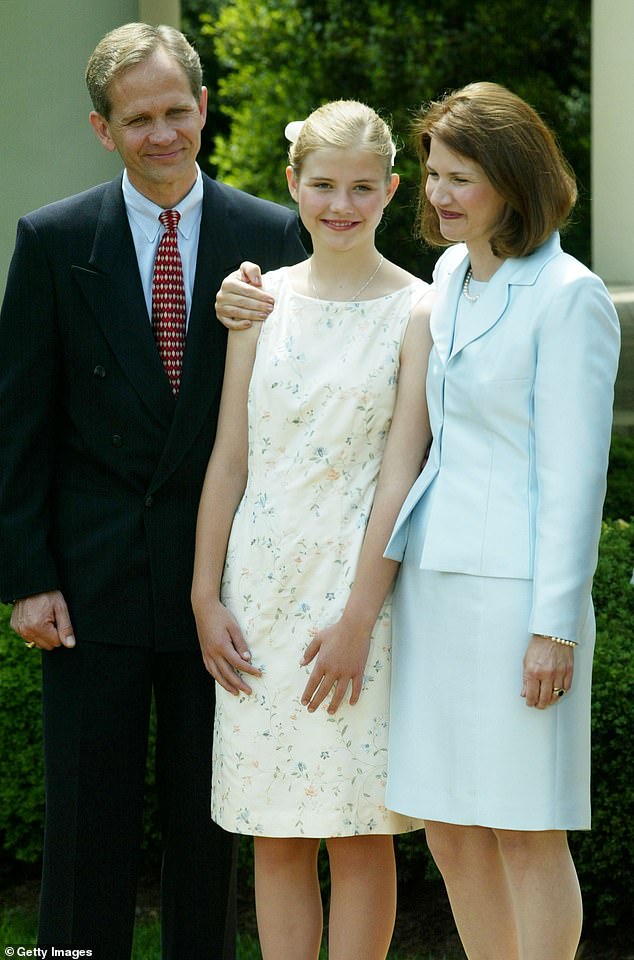 Smart (pictured with her parents a month after being rescued) was held captive by Brian David Mitchell and his wife Wanda Barzee and raped repeatedly for nine months before being rescued on March 12, 2003.