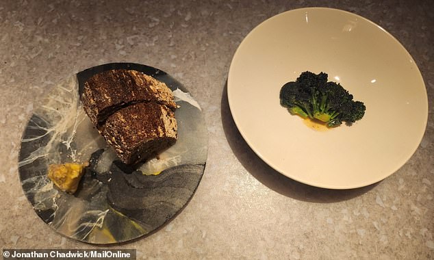 Pictured are the homemade 'Siloaf' bread and butter (left) and purple sprouting broccoli with dairy garum (a Roman-inspired sauce made from whey and cheese rind)