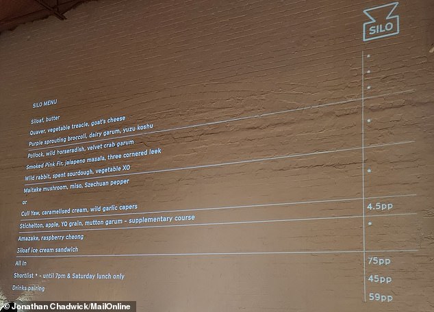 To save paper, a huge copy of the menu is projected onto the wall instead of being printed on individual sheets