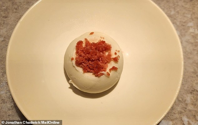 Ice cream made from fermented rice and amazake ('sweet sake', the Japanese drink) topped with raspberry cheong (a Korean style of marinating fruit)