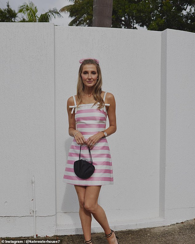 Kate Waterhouse (pictured) opted for a sweetly striped dress with ribbons on the shoulders and a candy-striped design