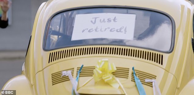 Charlie and friend Josh then drove off in a yellow Beetle, along with cans attached to it and a sign in the rear window that read: 'Just retired'