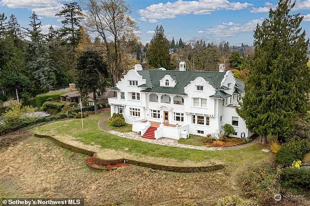 Located on the shores of Lake Washington, the three-story Spanish Mission Revival mansion was once home to the family of Seattle's early pioneers, including Rolland Denny, son of the city's founder Arthur Denny.