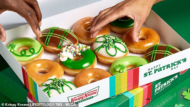 The special edition treats include a 'Luck of the Rainbow Donut' - an original glazed donut dipped in green icing, with rainbow sprinkles and a dollop of buttercream