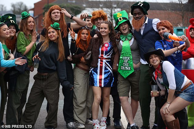 People took advantage of the relatively mild weather on the Otley Run, Leeds' main pub crawl route, with one person wearing a thick green tie with the words 'luck of the Irish'