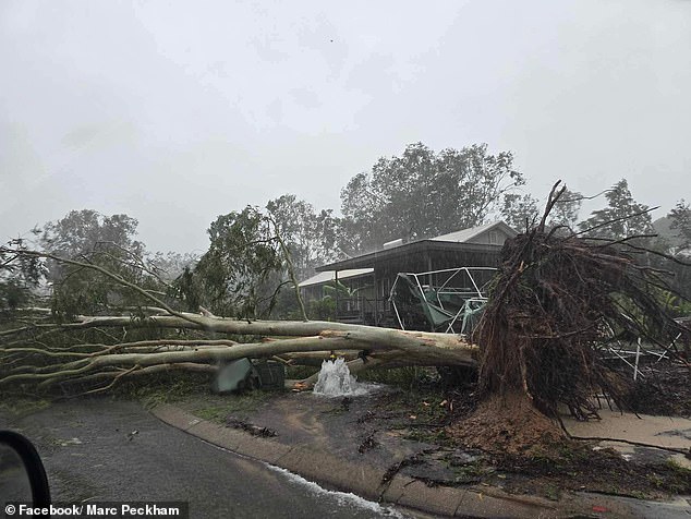 The cyclone uprooted trees and devastated Groote Eylandt with 413mm of rain in just 24 hours, with the rain gaining strength on Saturday evening (pictured)