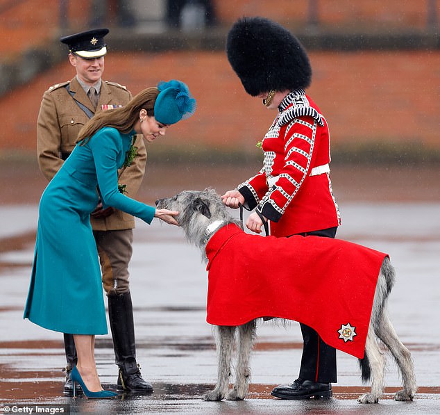 Last year, the mascot Seamus received his shamrock from Kate, who performed her first parade as a colonel