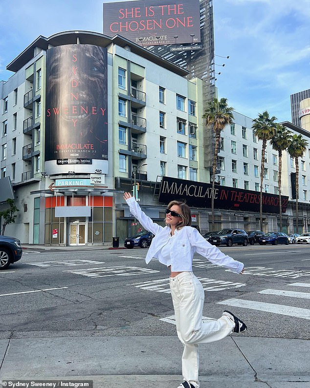 Sweeney also included a photo of her posing in front of various promotional installations for the feature film that had been shown in Hollywood.