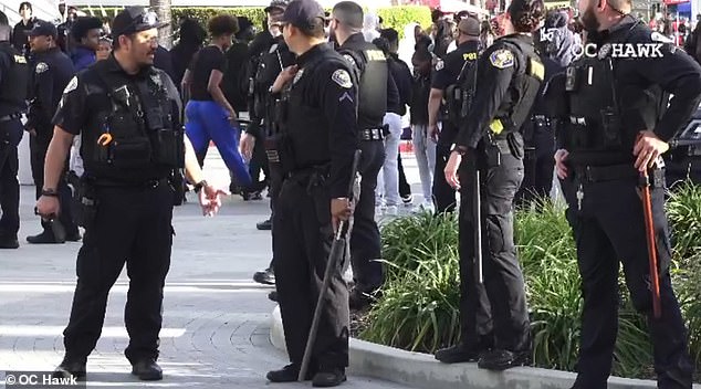 Police were seen on standby at the mall moments before the brawl broke out