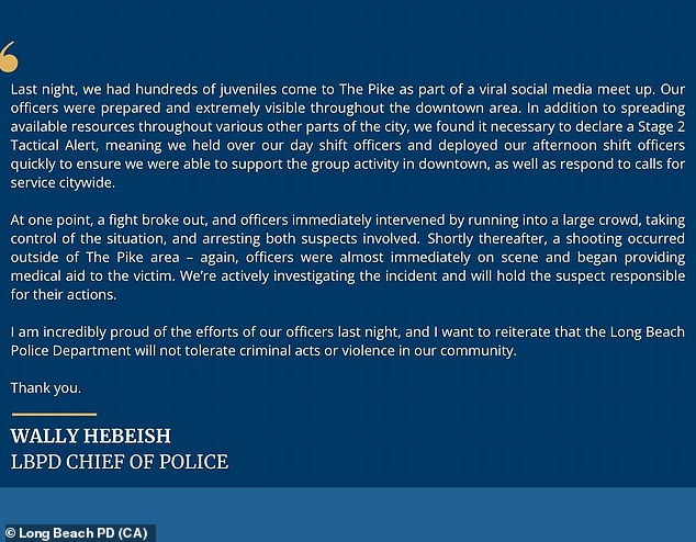 Long Beach Police Chief Wally Hebeish released a statement Sunday about what happened