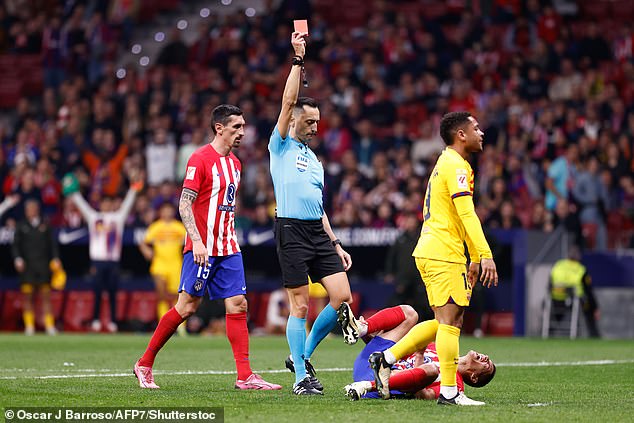 Atletico's Nahuel Molina was sent off in stoppage time at the Metropolitano Stadium