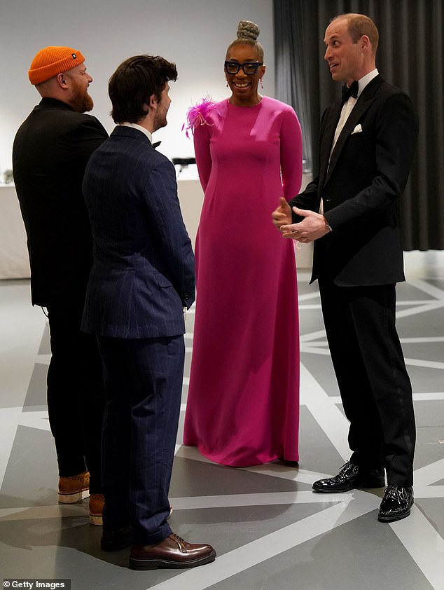 Prince William, Prince of Wales speaks with Tom Walker, Cel Spellman and Dr Tessy Oho CBE at the Diana Legacy Awards on March 14