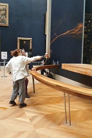 This is the moment when the activists throw soup at the Mona Lisa