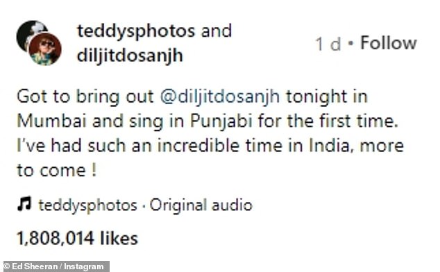 Ed wrote, “I have to release Diljit Dosanjh in Mumbai tonight and sing it in Punjabi for the first time.  I had such a great time in India, more to come!'