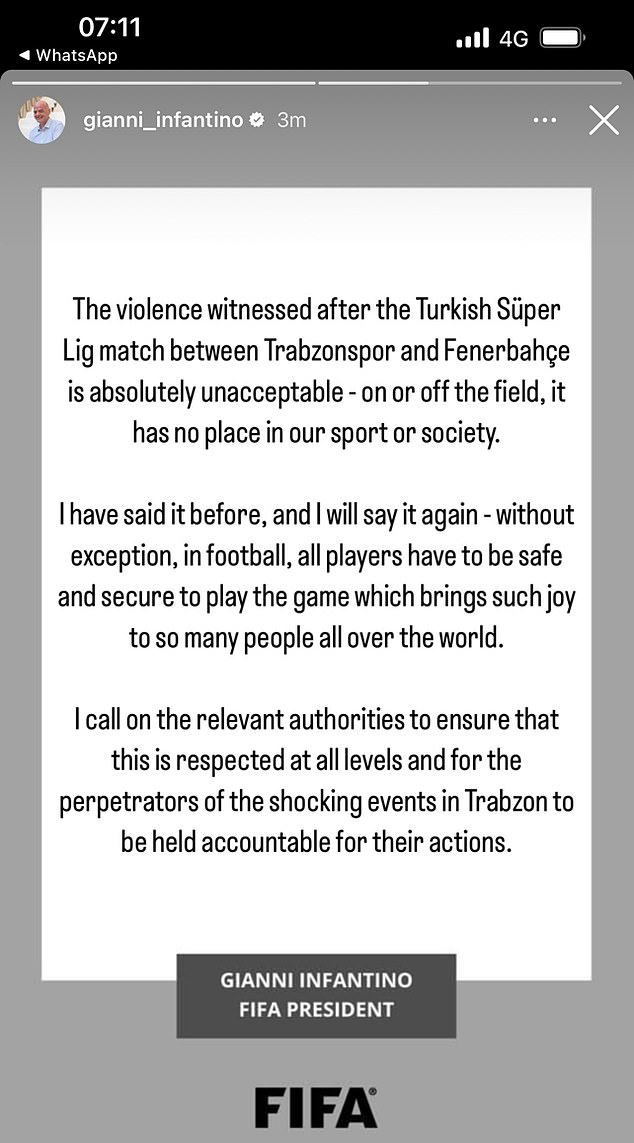 FIFA president Gianni Infantino condemned the behavior of the Trabzonspor supporters