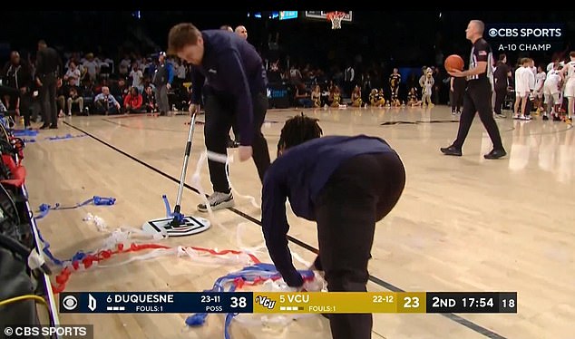 Officials quickly ran onto the field to clear the streamers and get the game going again