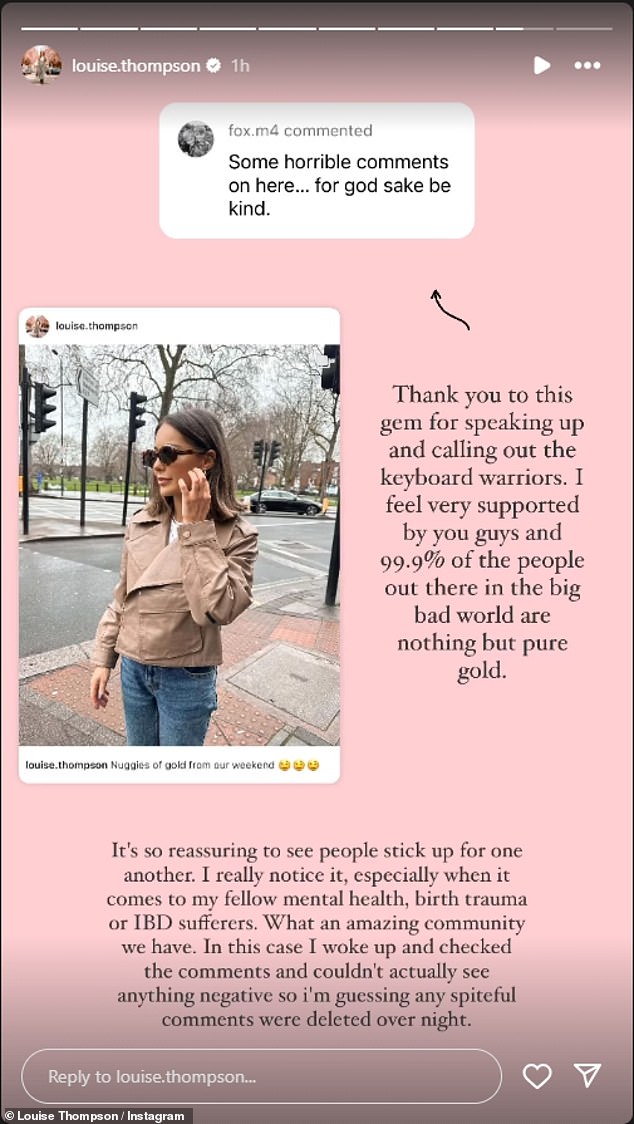 Louise shared photos from her family weekend and noticed some fans defending her in the comments, prompting her to speak out about her recovery