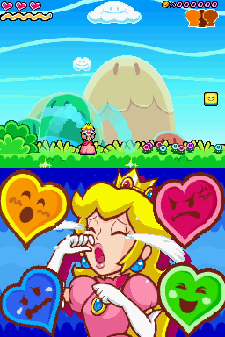 A screenshot of Super Princess Peach, in which she uses her Gloom Vibe powers to cry a stream of tears