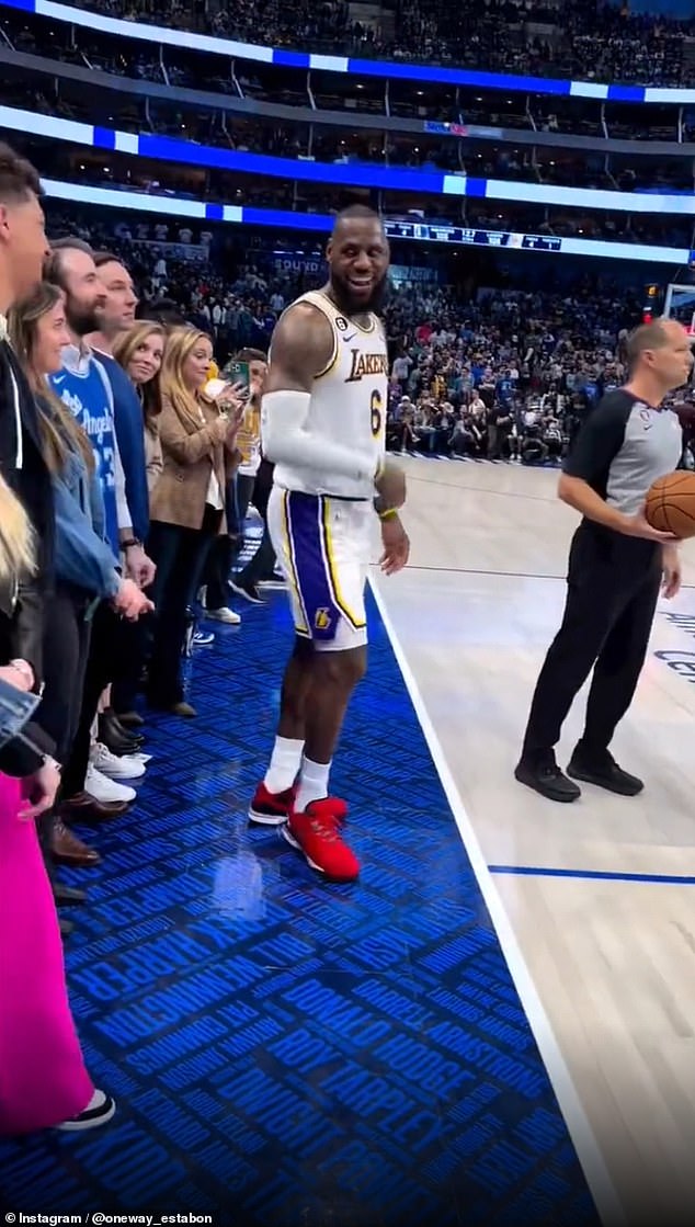 The 38-year-old power forward engaged with Mahomes, 27, as he waited for the referee to hand him the basketball to make an inbound pass.