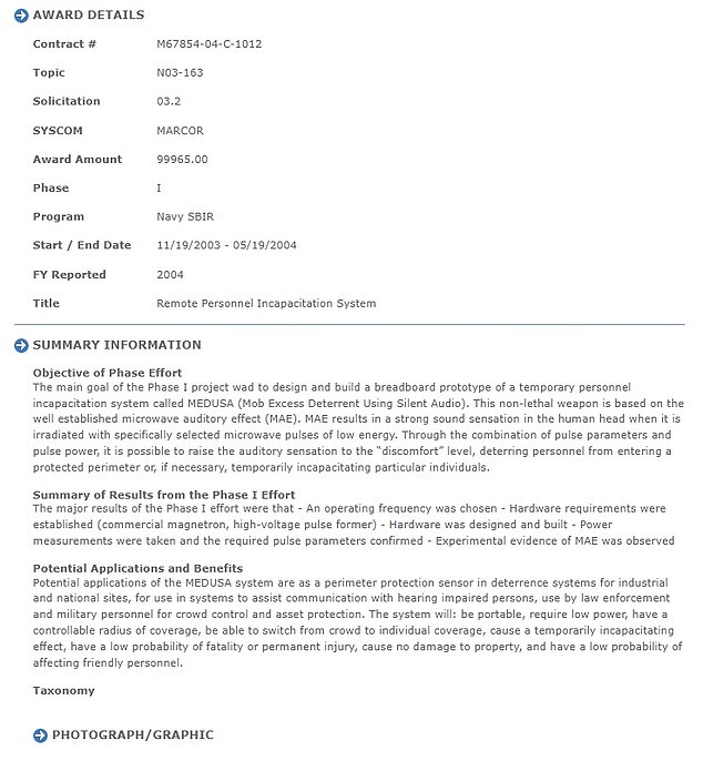 Above, a now-deleted page on the Navy's website reveals a project codenamed Medusa, a prototype microwave weapon created for the Marine Corps in 2004 that had a 