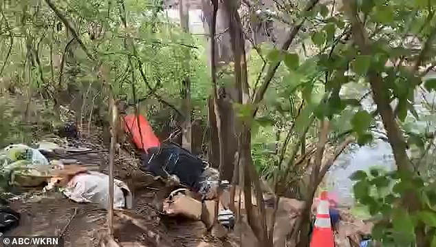 The last person believed to have seen missing University of Missouri student Riley Strain said he caused a 'disturbance' at a Nashville homeless camp (pictured) where the student's bank card was found