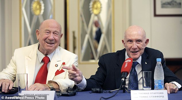 Stafford (right) is survived by his wife.  Linda, two sons, two daughters and two stepchildren.  (photo: Russian cosmonaut Alexei Leonov (left) and Stafford addressing the media in Moscow in July 2010)