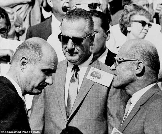 Stafford (left) is seen with Vice President Spiro T. Agnew (center) and Al Siepert, deputy director of the Kennedy Space Center to watch Apollo 11 take off in July 1969