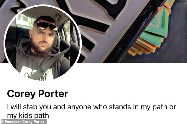 Corey Porter's Facebook profile bio (pictured) warns: 'I will stab you and anyone in my path or the path of my children'