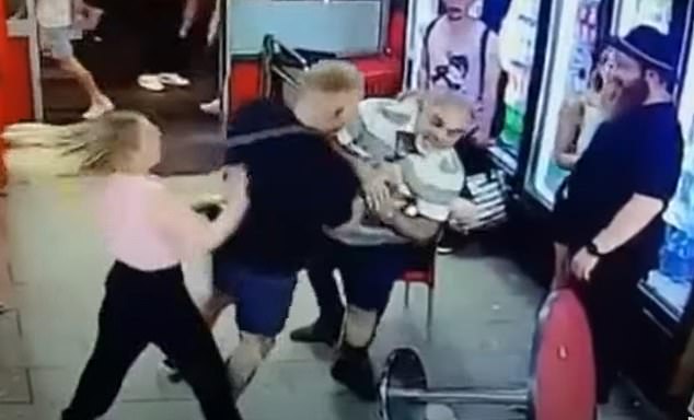 Haynes (left) and Jenkins (second from left) were captured on CCTV throwing chairs and pushing customers at Falafel House on Hindley Street in Adelaide